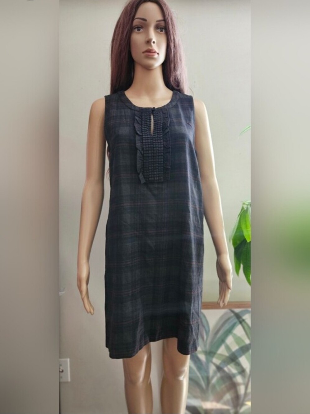 Theory Wool Blend Sleeveless Black Plaid Shift Dress with Pintuck Detail